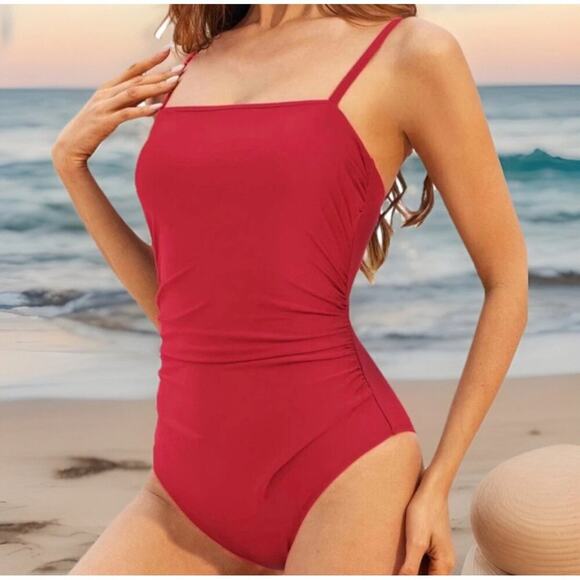 Cupshe Womens One Piece Swimsuit XL Red Square Neck Ruched Cutout Strappy - Picture 3 of 9